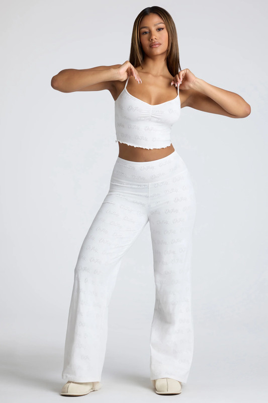 Petite Mid Rise Straight Leg Pointelle Trousers in White - Size:L